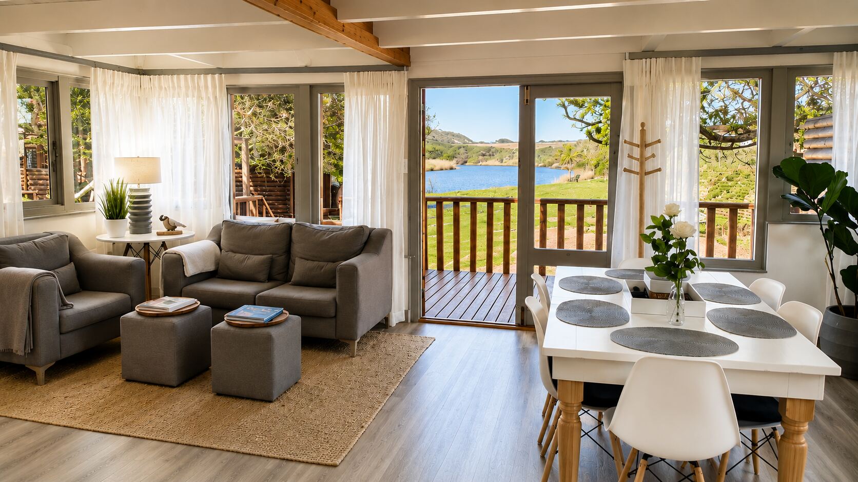 Open-plan lounge and dining room with glass doors open to the deck and the river beyond