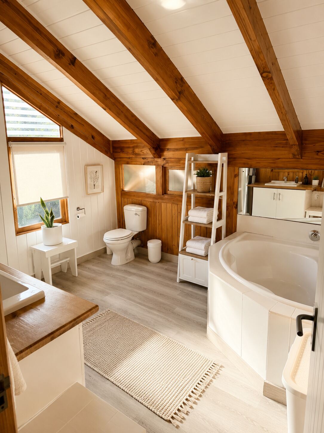Upstairs bathroom with corner bath and timber vanity